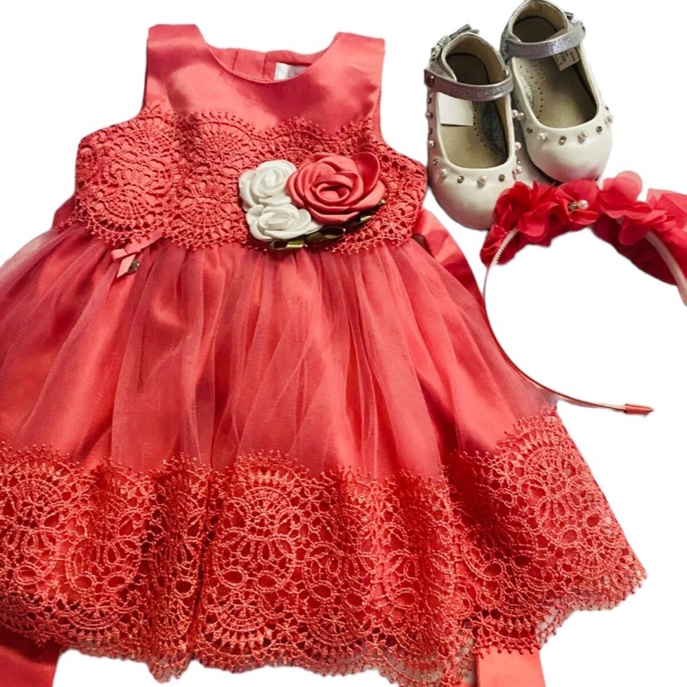 Bundle Baby Dress  Shoes Headband 12 Months Coral Lace